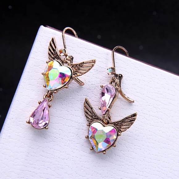 Pink Heart Angel Wing Earrings New - Picture 4 of 5